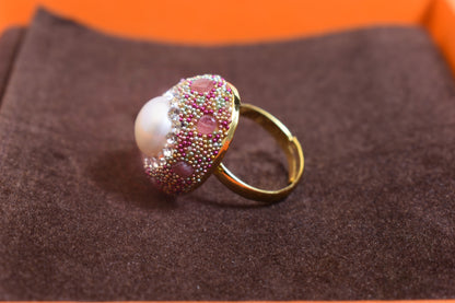 Luxurious shiny natural pearl ring with three-dimensional dense inlaid colorful beads, adjustable ring at the opening