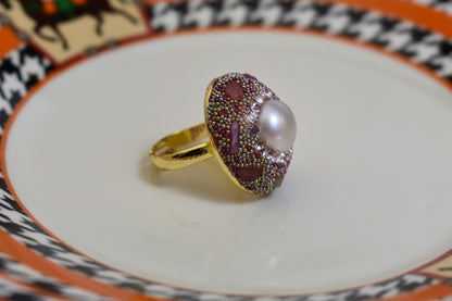Luxurious shiny natural pearl ring with three-dimensional dense inlaid colorful beads, adjustable ring at the opening