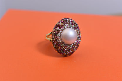 Luxurious shiny natural pearl ring with three-dimensional dense inlaid colorful beads, adjustable ring at the opening
