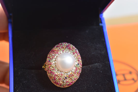 Luxurious shiny natural pearl ring with three-dimensional dense inlaid colorful beads, adjustable ring at the opening