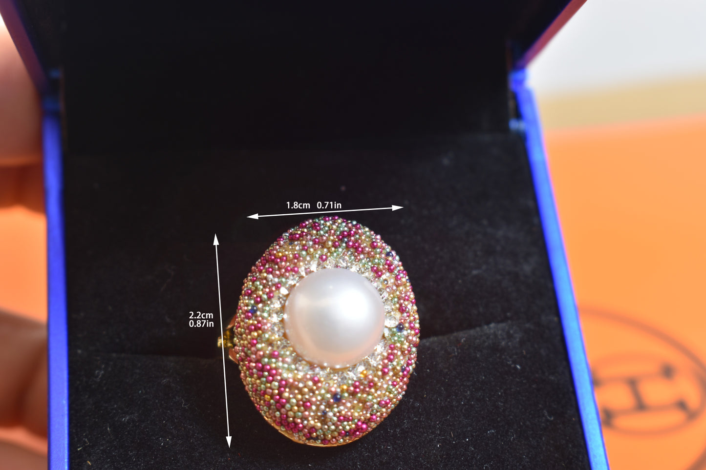 Luxurious shiny natural pearl ring with three-dimensional dense inlaid colorful beads, adjustable ring at the opening