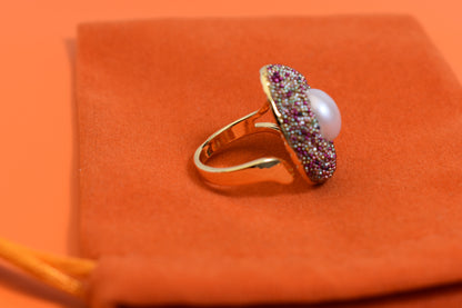 Luxurious shiny natural pearl ring with three-dimensional dense inlaid colorful beads, adjustable ring at the opening