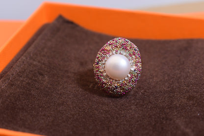 Luxurious shiny natural pearl ring with three-dimensional dense inlaid colorful beads, adjustable ring at the opening