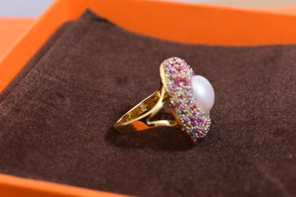 Luxurious shiny natural pearl ring with three-dimensional dense inlaid colorful beads, adjustable ring at the opening