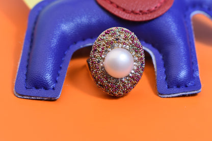 Luxurious shiny natural pearl ring with three-dimensional dense inlaid colorful beads, adjustable ring at the opening