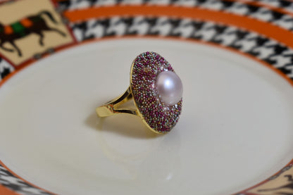 Luxurious shiny natural pearl ring with three-dimensional dense inlaid colorful beads, adjustable ring at the opening