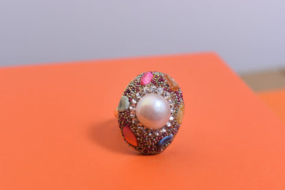 Luxurious shiny natural pearl ring with three-dimensional dense inlaid colorful beads, adjustable ring at the opening
