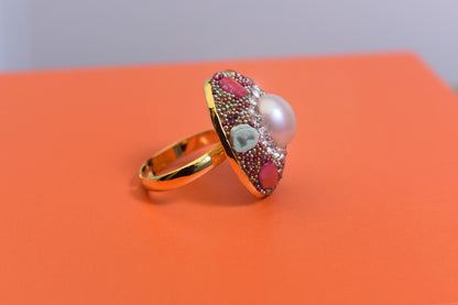 Luxurious shiny natural pearl ring with three-dimensional dense inlaid colorful beads, adjustable ring at the opening