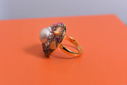 Luxurious shiny natural pearl ring with three-dimensional dense inlaid colorful beads, adjustable ring at the opening