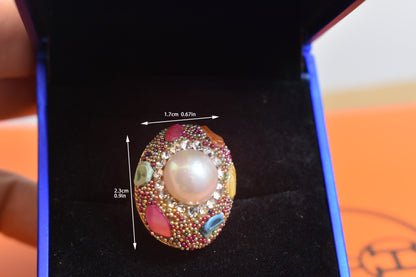 Luxurious shiny natural pearl ring with three-dimensional dense inlaid colorful beads, adjustable ring at the opening