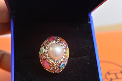Luxurious shiny natural pearl ring with three-dimensional dense inlaid colorful beads, adjustable ring at the opening