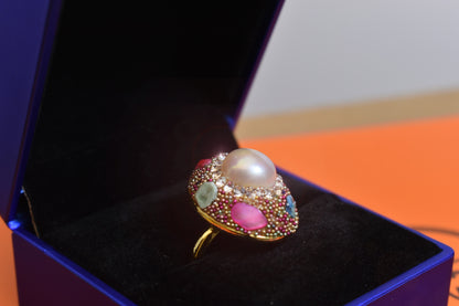 Luxurious shiny natural pearl ring with three-dimensional dense inlaid colorful beads, adjustable ring at the opening