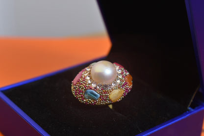 Luxurious shiny natural pearl ring with three-dimensional dense inlaid colorful beads, adjustable ring at the opening
