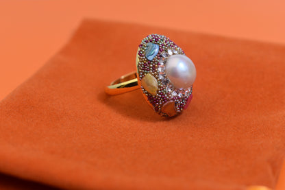 Luxurious shiny natural pearl ring with three-dimensional dense inlaid colorful beads, adjustable ring at the opening