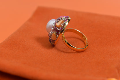 Luxurious shiny natural pearl ring with three-dimensional dense inlaid colorful beads, adjustable ring at the opening