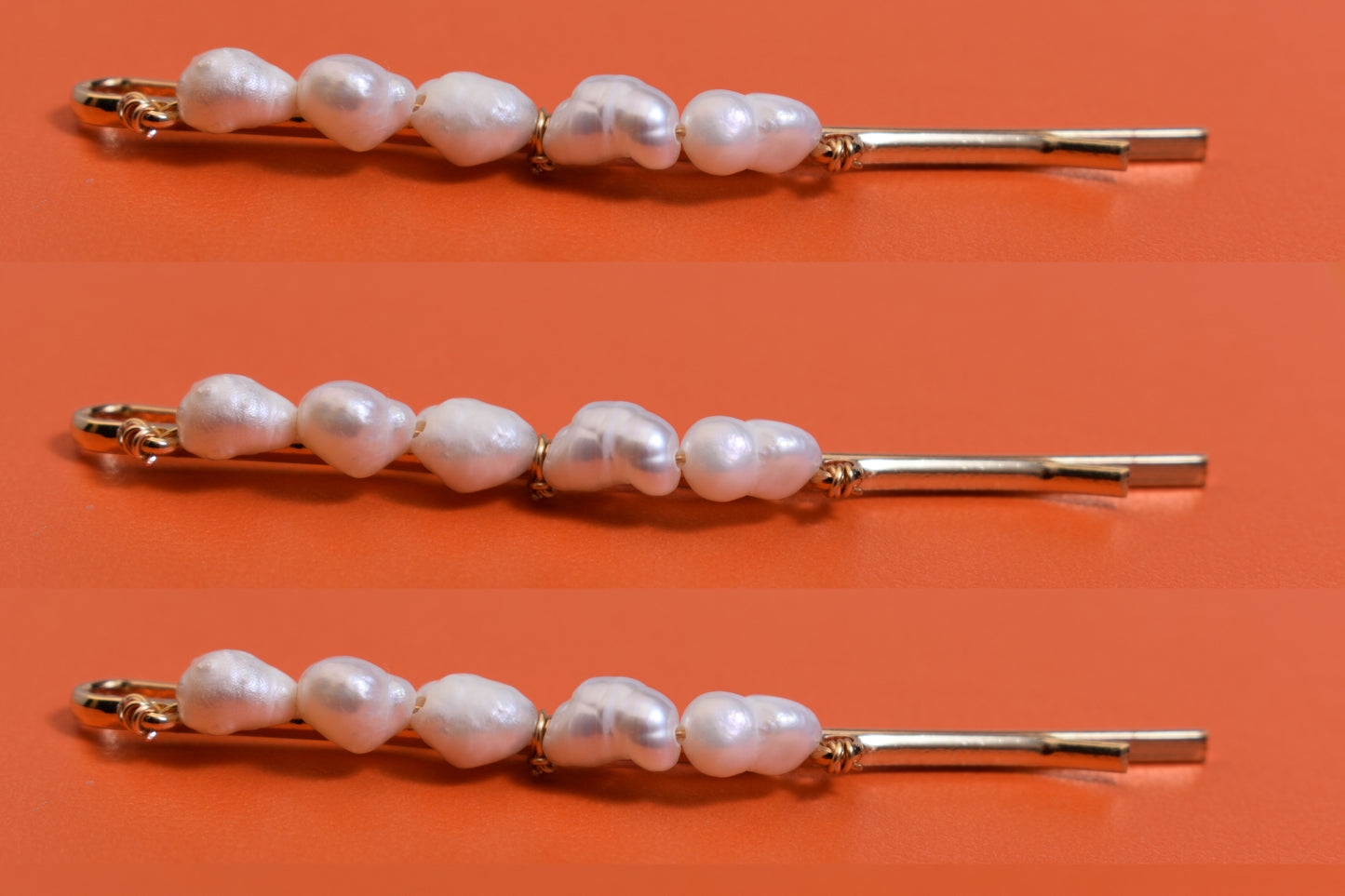 Three sets of natural pearl gold hair clips