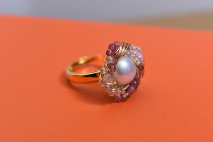 Natural pearl ring with winding tourmaline crystal and adjustable opening