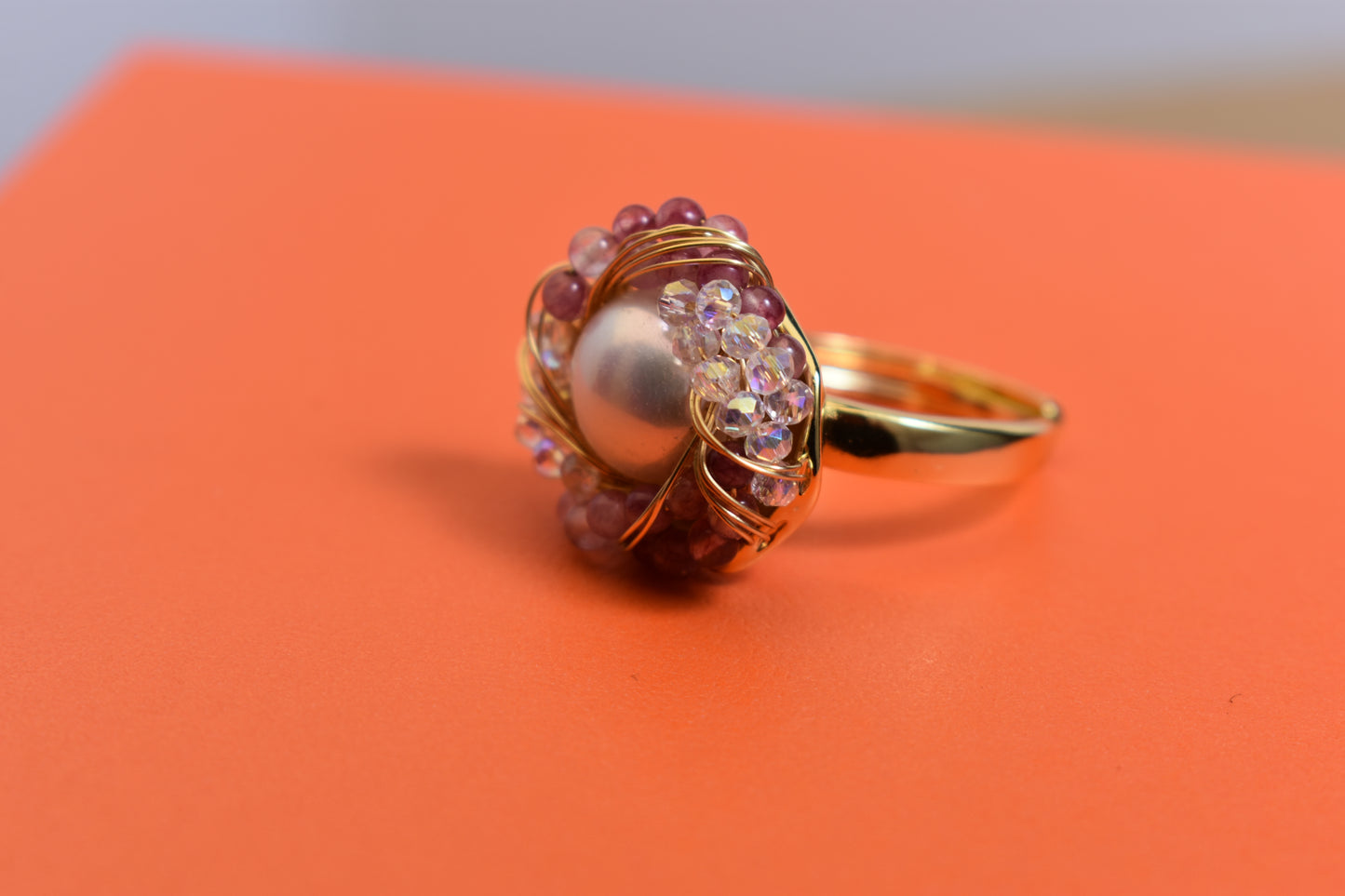 Natural pearl ring with winding tourmaline crystal and adjustable opening