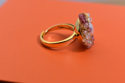 Natural pearl ring with winding tourmaline crystal and adjustable opening