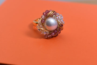 Natural pearl ring with winding tourmaline crystal and adjustable opening