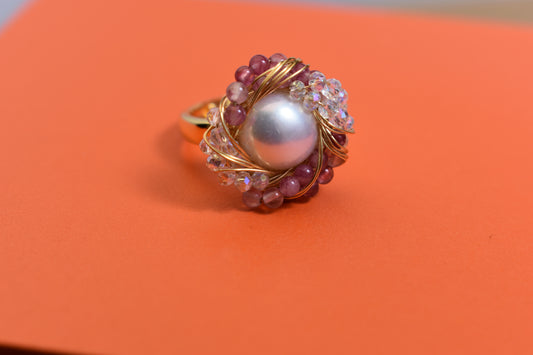 Natural pearl ring with winding tourmaline crystal and adjustable opening