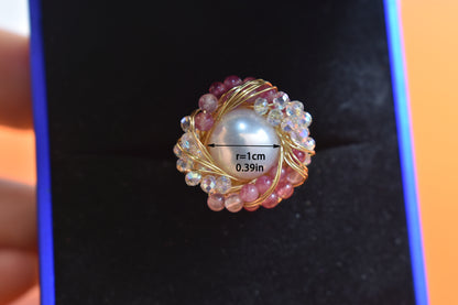 Natural pearl ring with winding tourmaline crystal and adjustable opening