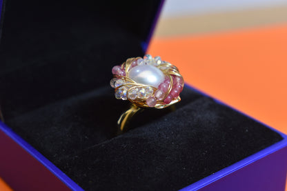 Natural pearl ring with winding tourmaline crystal and adjustable opening
