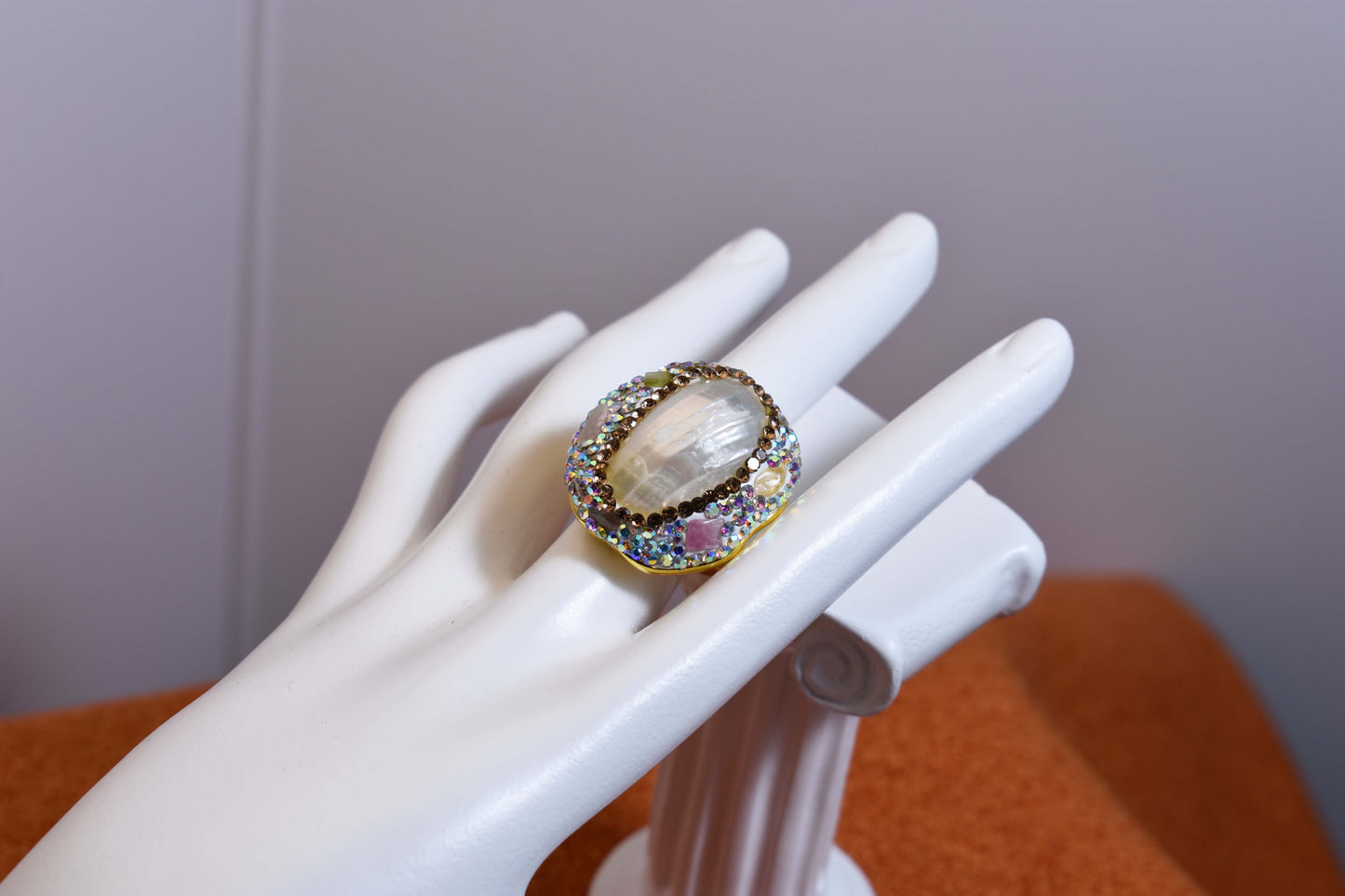 handmade Luxury natural Mabe pearl ring with three-dimensional dense inlay of tourmaline and zircon, adjustable opening ring