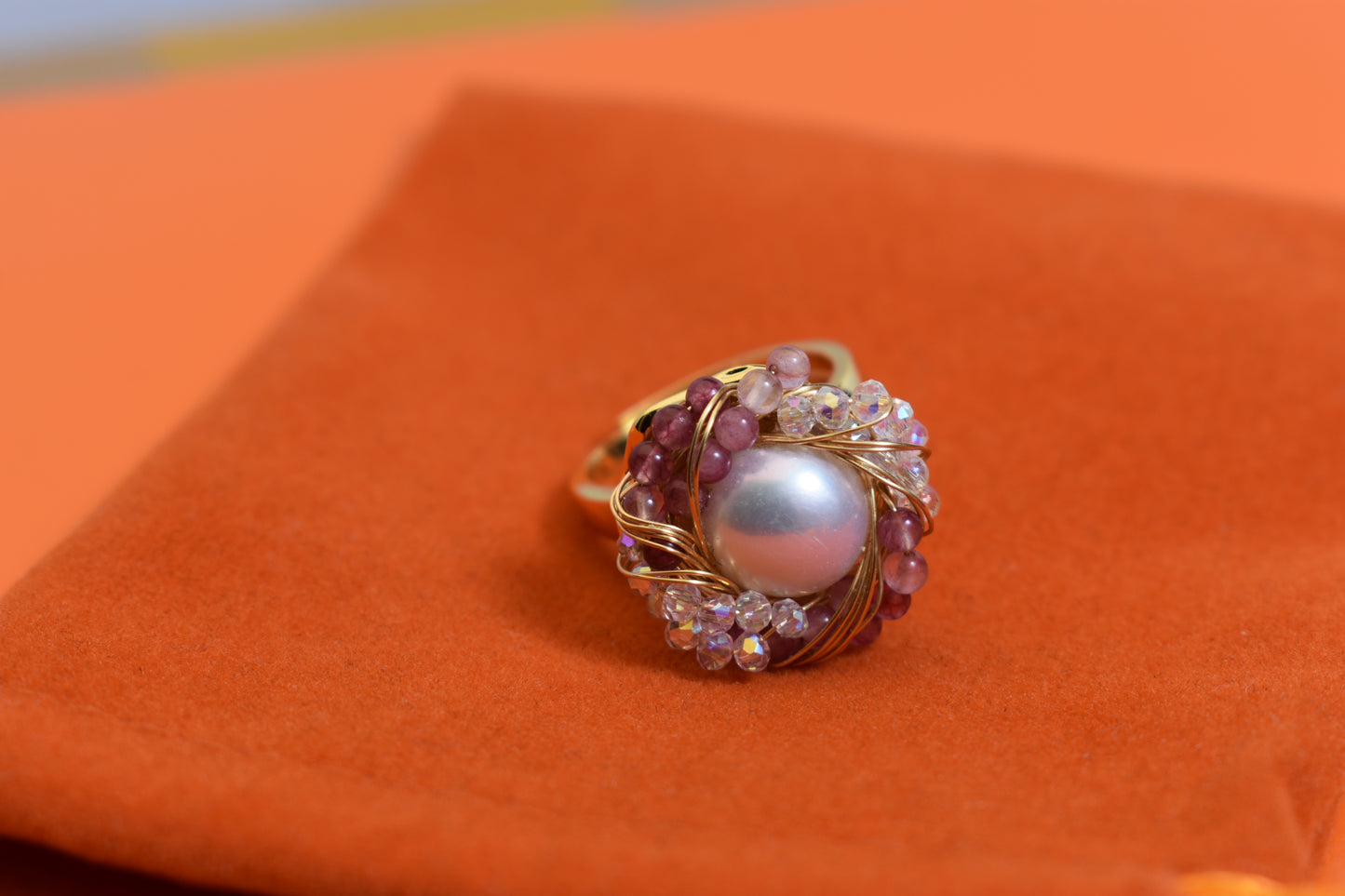 Natural pearl ring with winding tourmaline crystal and adjustable opening