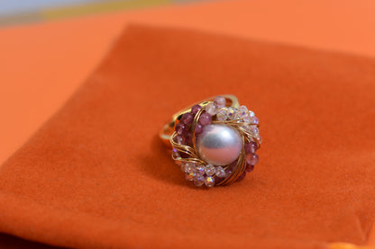 Natural pearl ring with winding tourmaline crystal and adjustable opening