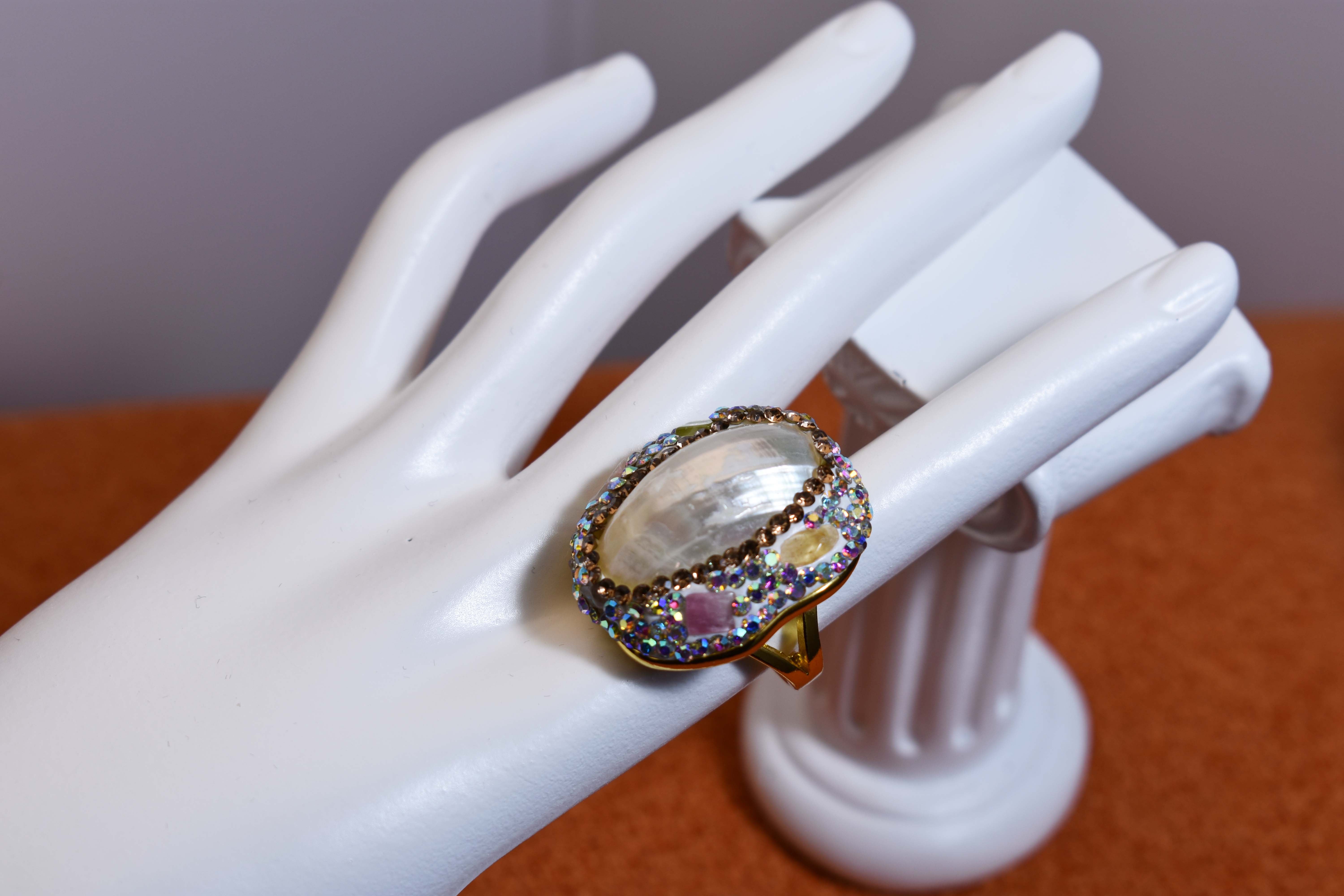 handmade Luxury natural Mabe pearl ring with three-dimensional dense inlay of tourmaline and zircon, adjustable opening ring