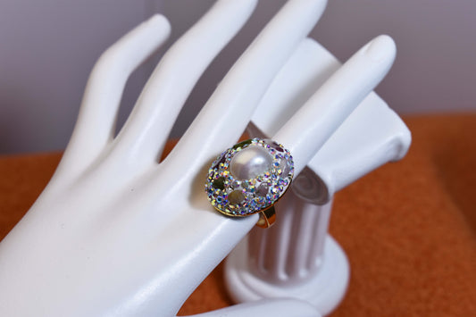 Luxury natural pearl ring with elliptical three-dimensional dense inlay of tourmaline and zircon, adjustable ring at the opening