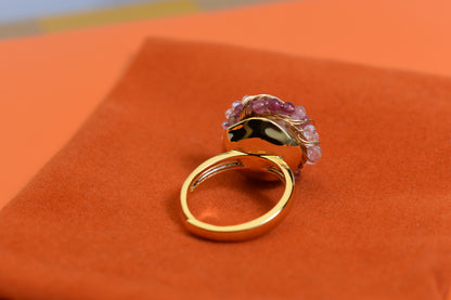 Natural pearl ring with winding tourmaline crystal and adjustable opening