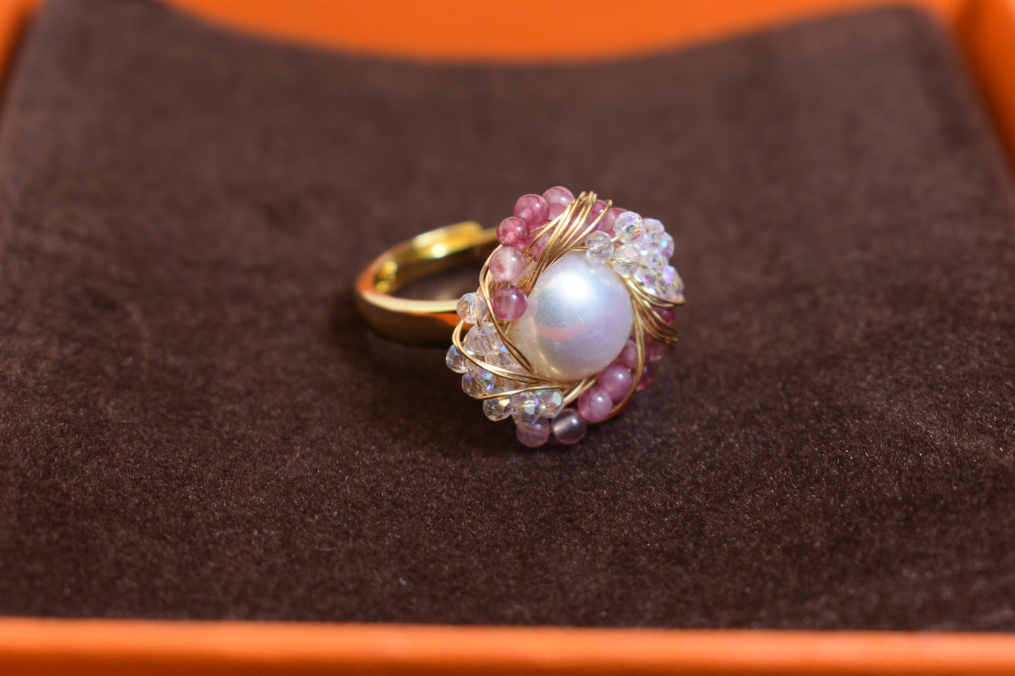 Natural pearl ring with winding tourmaline crystal and adjustable opening