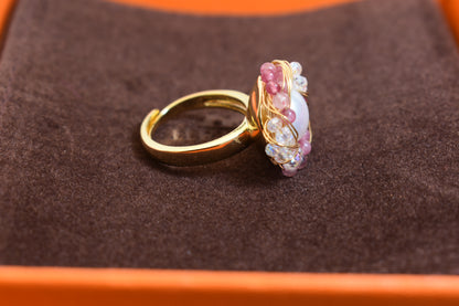 Natural pearl ring with winding tourmaline crystal and adjustable opening