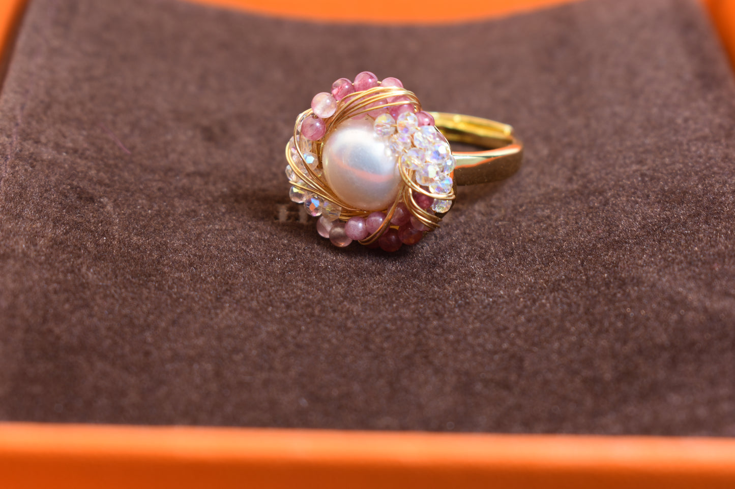 Natural pearl ring with winding tourmaline crystal and adjustable opening