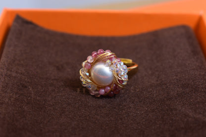 Natural pearl ring with winding tourmaline crystal and adjustable opening
