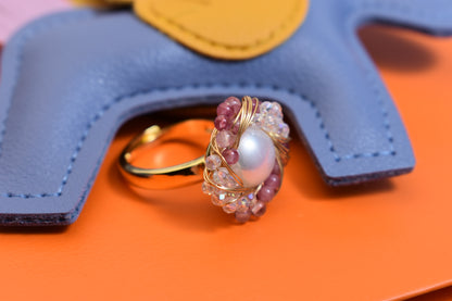 Natural pearl ring with winding tourmaline crystal and adjustable opening
