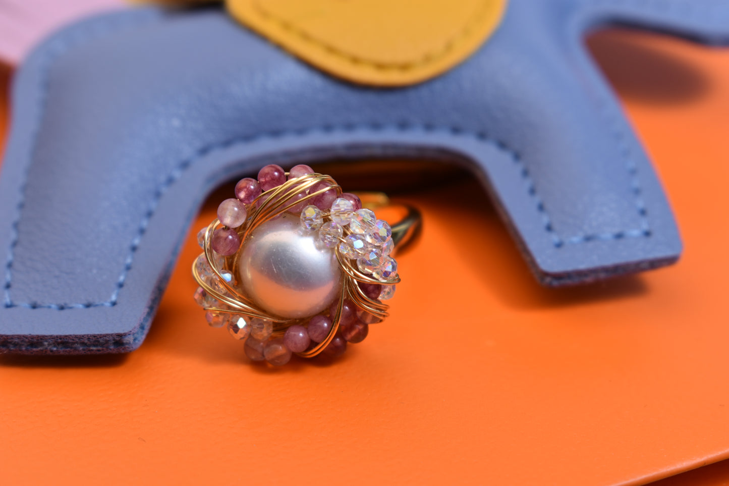 Natural pearl ring with winding tourmaline crystal and adjustable opening