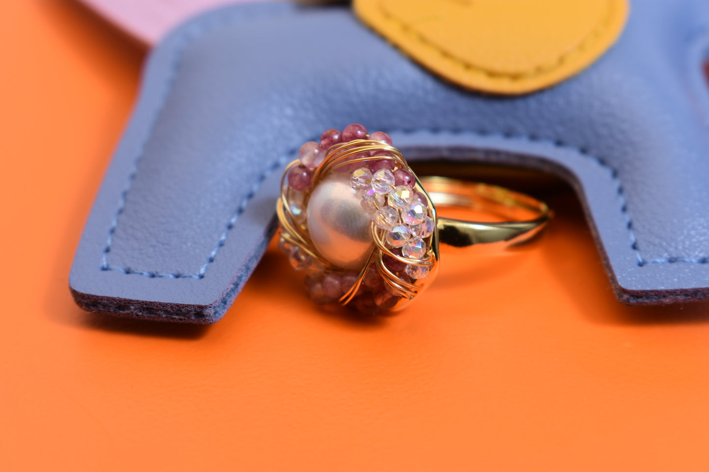 Natural pearl ring with winding tourmaline crystal and adjustable opening