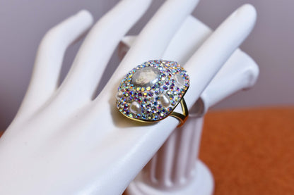 Luxurious and Shining Natural Baroque Pearl Ring with Three Dimensional Dense Embedding of Small Pearls and Colored Zirconia, Adjustable Ring at the Opening
