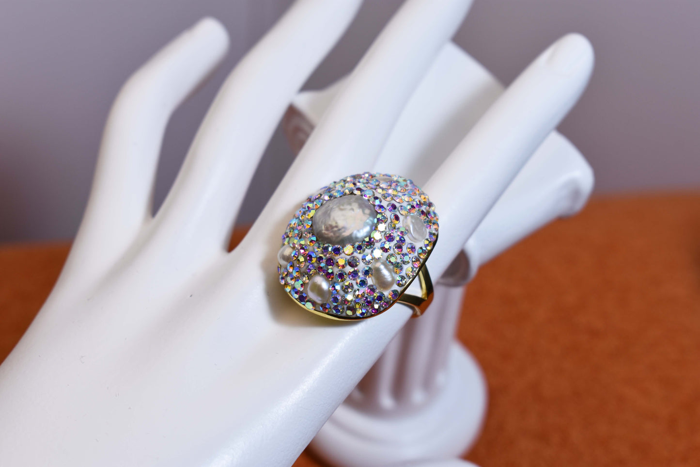 Luxurious and Shining Natural Baroque Pearl Ring with Three Dimensional Dense Embedding of Small Pearls and Colored Zirconia, Adjustable Ring at the Opening