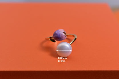 Pearl ring with pink purple enamel craftsmanship, flower bud shaped opening adjustable ring