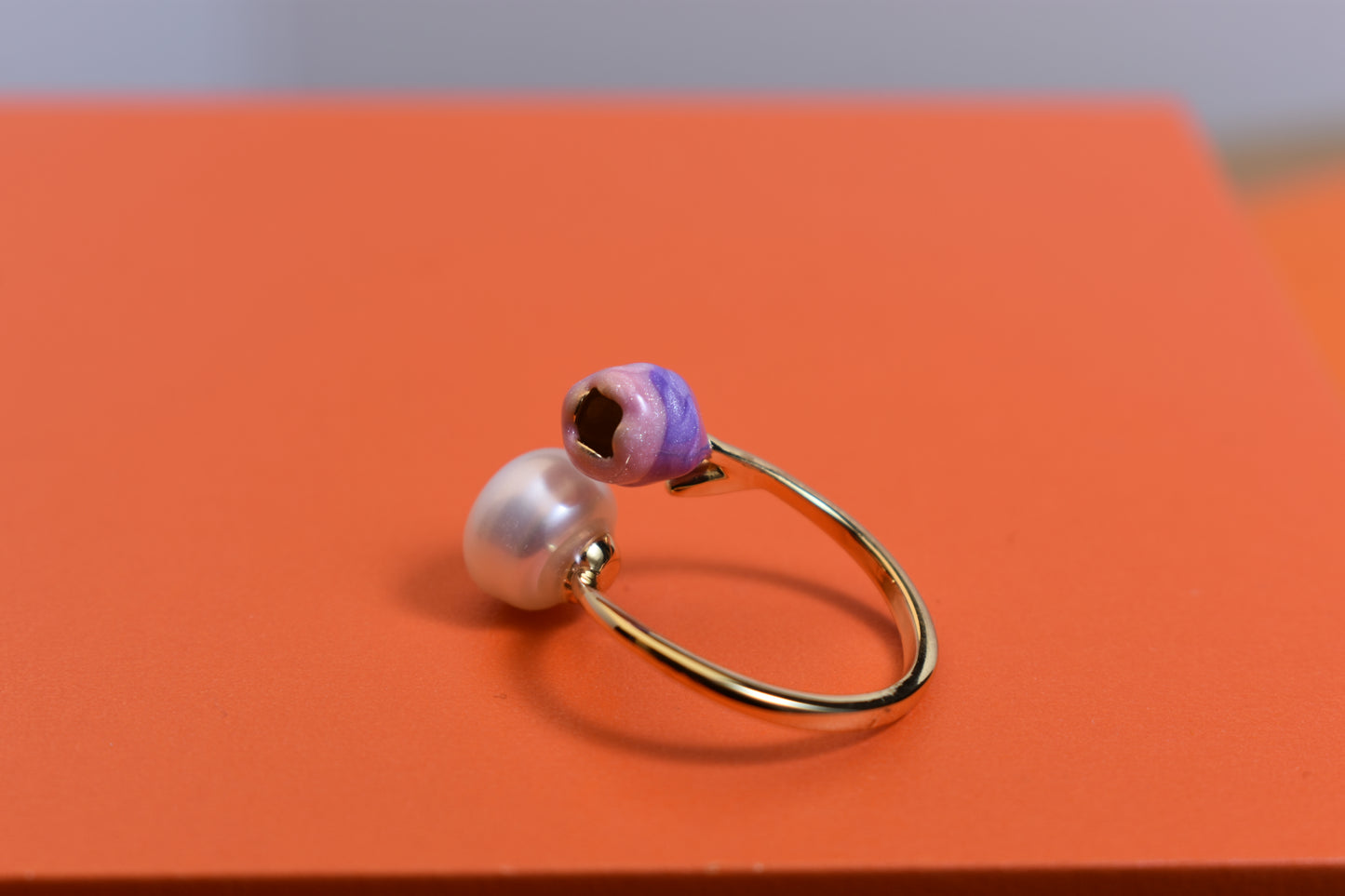 Pearl ring with pink purple enamel craftsmanship, flower bud shaped opening adjustable ring