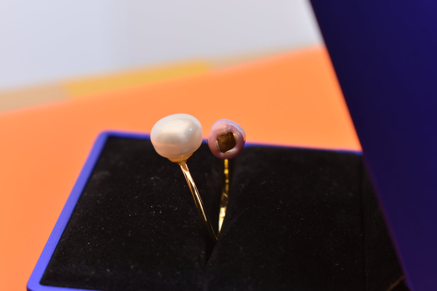 Pearl ring with pink purple enamel craftsmanship, flower bud shaped opening adjustable ring