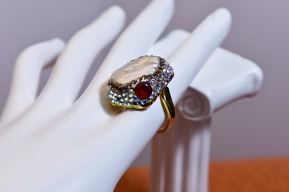 Luxurious shiny natural pearl ring with three-dimensional dense inlay of colored zircon gemstones, adjustable ring at the opening