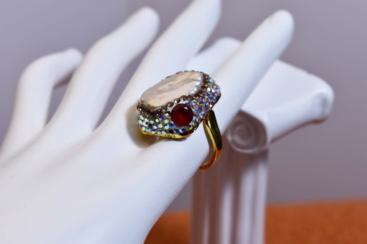 Luxurious shiny natural pearl ring with three-dimensional dense inlay of colored zircon gemstones, adjustable ring at the opening
