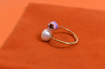 Pearl ring with pink purple enamel craftsmanship, flower bud shaped opening adjustable ring