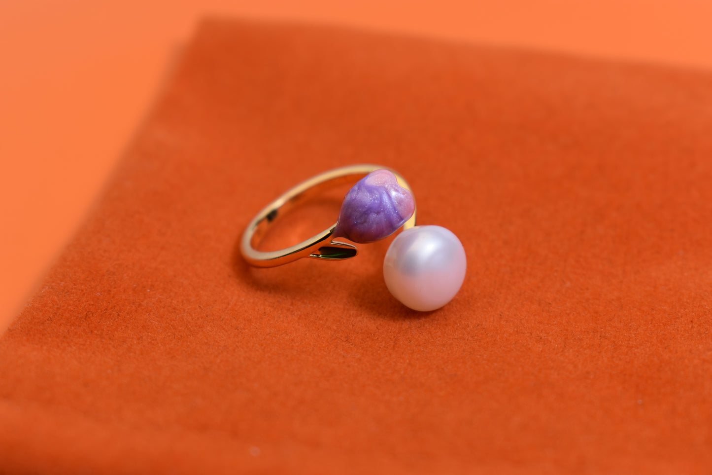 Pearl ring with pink purple enamel craftsmanship, flower bud shaped opening adjustable ring