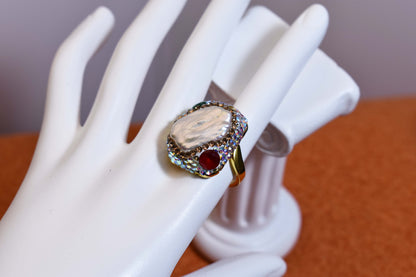 Luxurious shiny natural pearl ring with three-dimensional dense inlay of colored zircon gemstones, adjustable ring at the opening